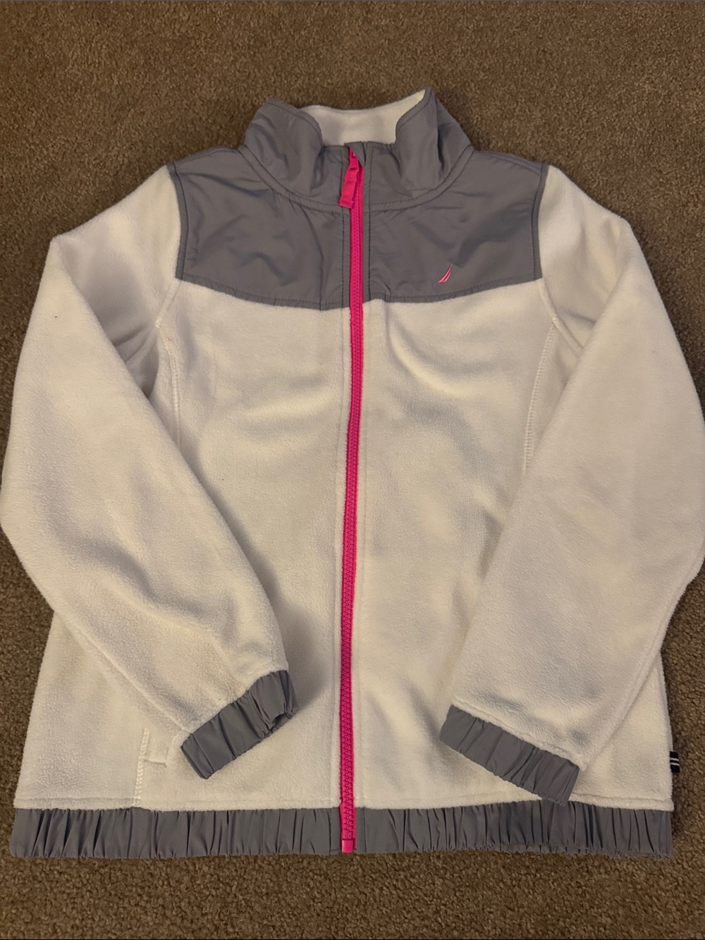 Nautica White Fleece Jacket with Gray Yoke and Pink Zipper